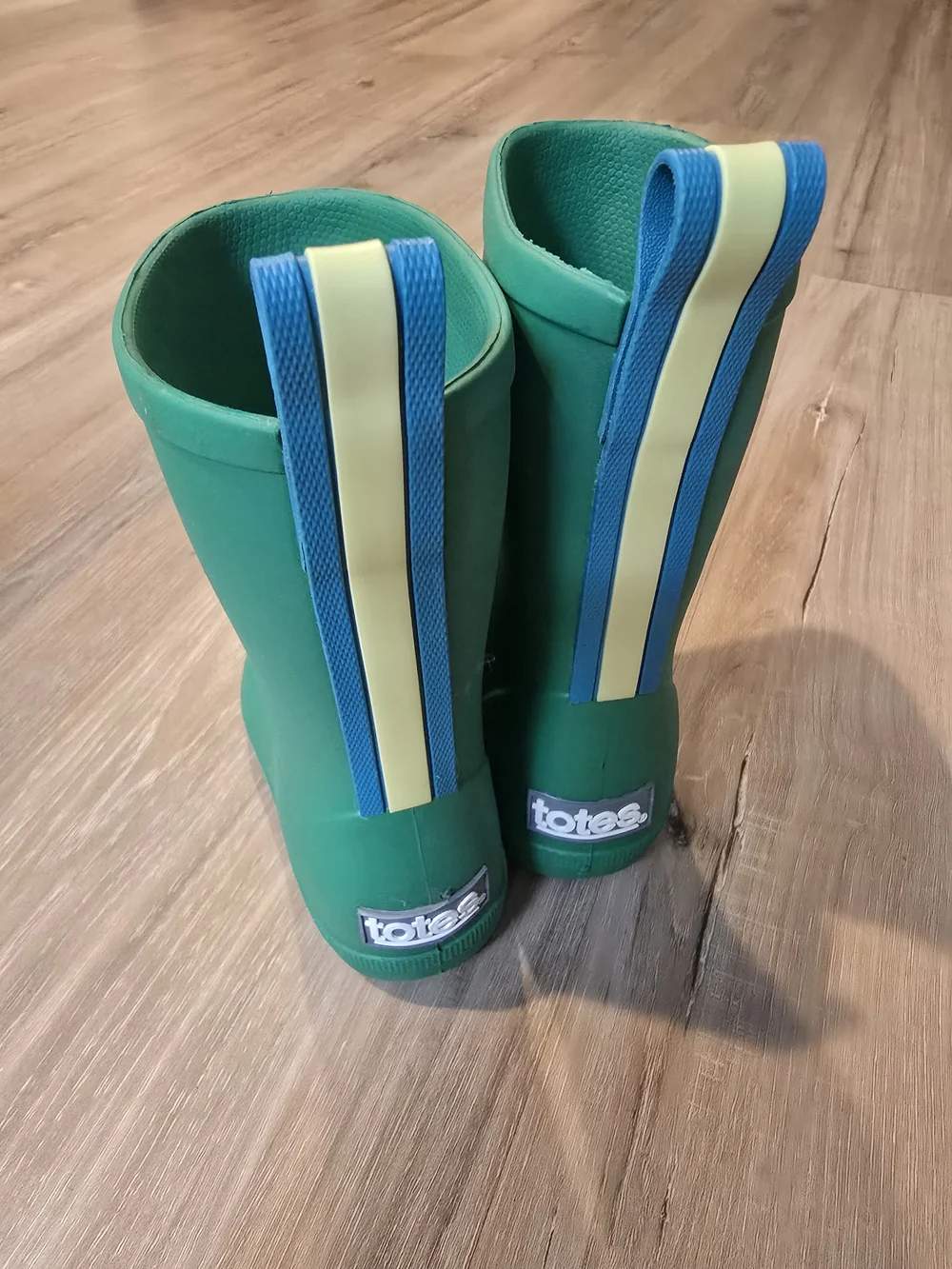 totes Kids Green Rain Boots with Blue and Yellow Pull Tabs